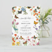 Watercolor Wilde Bloemen Vlinders Bloemige Trouwda Save The Date (Staand voorkant)