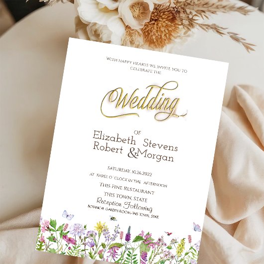 Watercolor Wilde Bloemen Vlinders Bruiloft Kaart