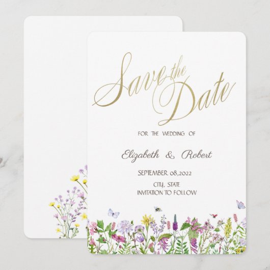 Watercolor Wilde Bloemen Vlinders Save The Date (Voorkant / Achterkant)