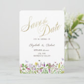 Watercolor Wilde Bloemen Vlinders Save The Date (Staand voorkant)