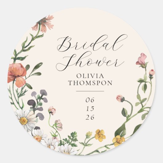 Watercolor Wilde Bloemenkrans Script Bruidsmeisjes Ronde Sticker (Voorkant)