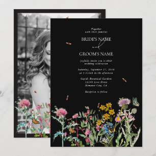 Watercolor Wilde Bloementuin Boho Zwarte Trouw Kaart