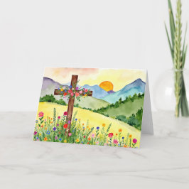 Watercolor Wildebloem Berg Kruis 2 Pasen Feestdagen Kaart