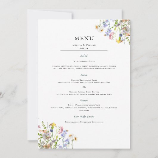 Watercolor Wildebloem | Trouwmenu met bloemen Kaart (Voorkant)