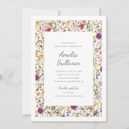 Watercolor Wildebloemen Feest Uitnodiging (Voorkant)