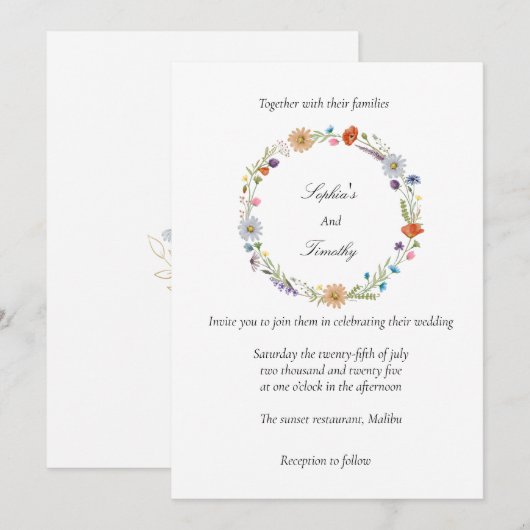 Watercolor Wildebloemenkrans bruiloft Kaart (Voorkant / Achterkant)