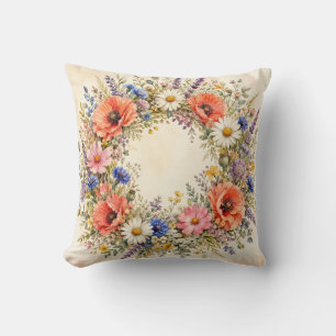 Watercolor Wildebloemenkrans Cottage Garden Kussen