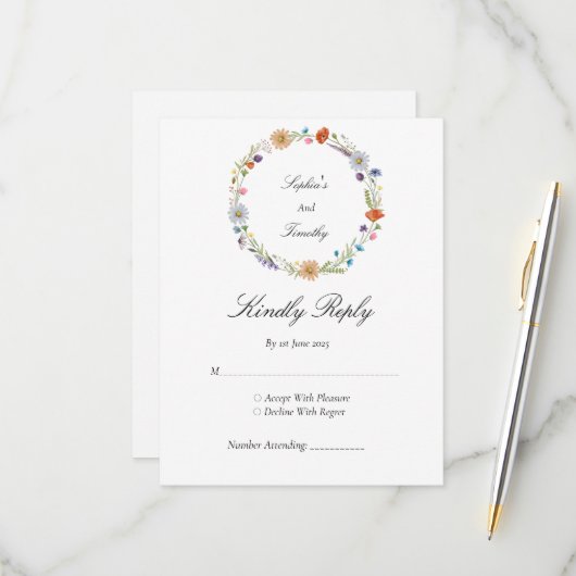 Watercolor Wildebloemenkrans RSVP Kaartje (Voorkant / Achterkant in situ)