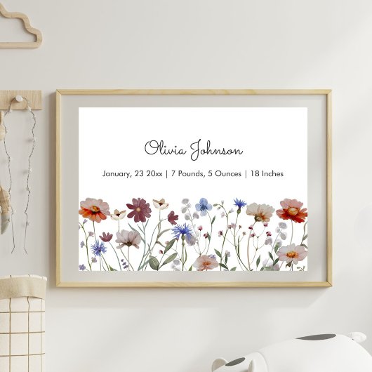 Watercolor Wildebloemenwei Baby Geboorte Statistie Poster