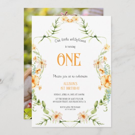 Watercolor Wildflower 1st Birthday Mauve Girl  Kaart (Voorkant / Achterkant)