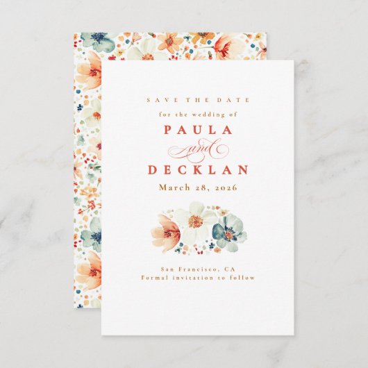 Watercolor Wildflower Boho Earthy Save the Date (Voorkant / Achterkant)