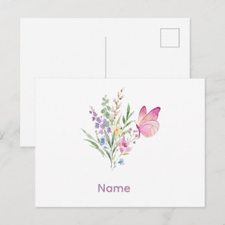 Watercolor Wildflower Bouquet with Pink Butterfly Briefkaart