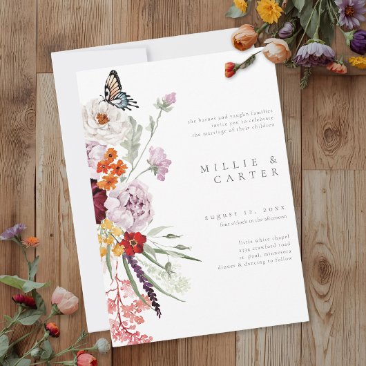 Watercolor Wildflower Butterfly Modern Wedding Kaart