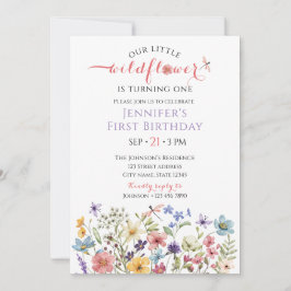 Watercolor Wildflower Girl 1st Birthday Invitation Kaart