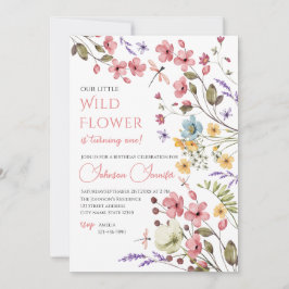 Watercolor Wildflower Girl 1st Birthday Invitation Kaart