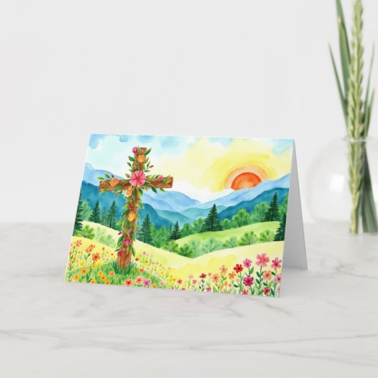 Watercolor Wildflower Mountain Cross Easter Feestdagen Kaart (Voorkant)