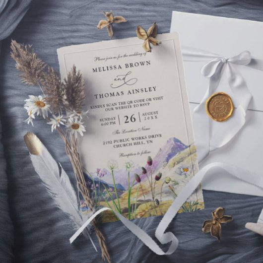 Watercolor Wildflower Mountain QR Code Wedding Kaart