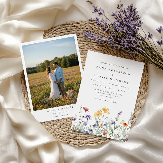 Watercolor Wildflower Photo Wedding Invitation Kaart