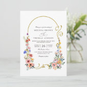 Watercolor Wildflower Spring Arch QR Code Wedding Kaart (Staand voorkant)