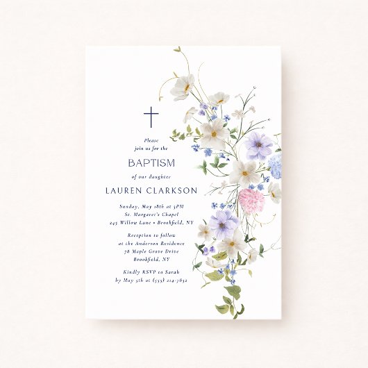 Watercolor Wildflowers Baptism Invitation Kaart