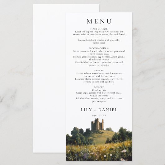 Watercolor Wildflowers Floral Castle Wedding Menu (Voorkant / Achterkant)