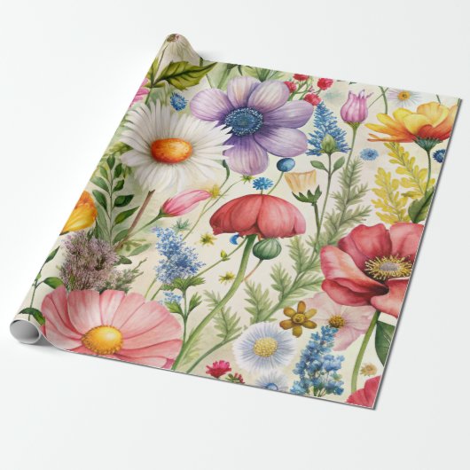 Watercolor Wildflowers Seamless Decoupage Paper Cadeaupapier (Uitgerold)