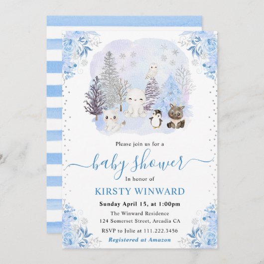 Watercolor Winter Arctic Animals Baby Shower Kaart (Voorkant / Achterkant)