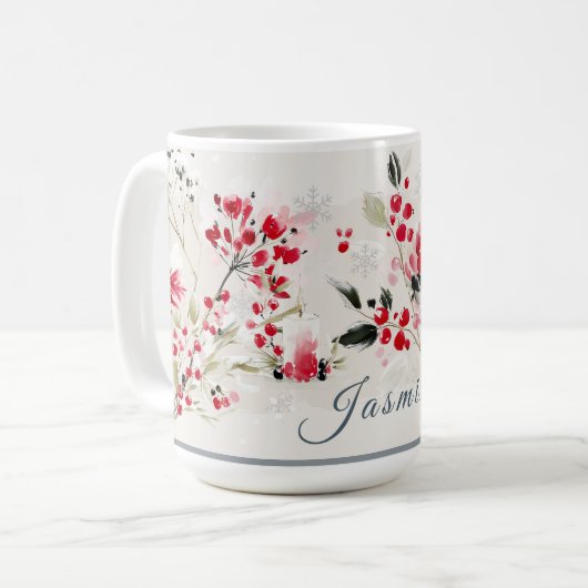 Watercolor Winter Berry Personalized Koffiemok (Voorkant links)