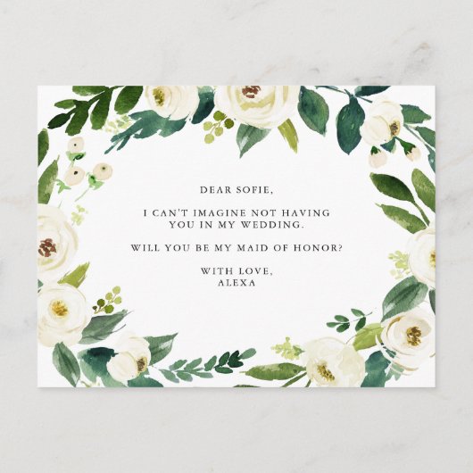 Watercolor Winter Bloemenkrans Getuige Bruid Aankondigingskaart (Achterkant)