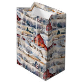 Watercolor Winter Boerderij met Rode Schuren Medium Cadeauzakje (Achterkant Gekanteld)