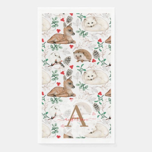 Watercolor Winter Bos Monogram Kerstmis Servet (Voorkant)