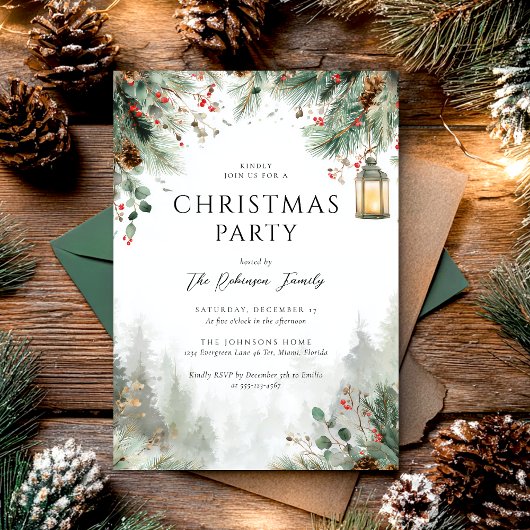 Watercolor Winter Christmas Party Greenery Kaart