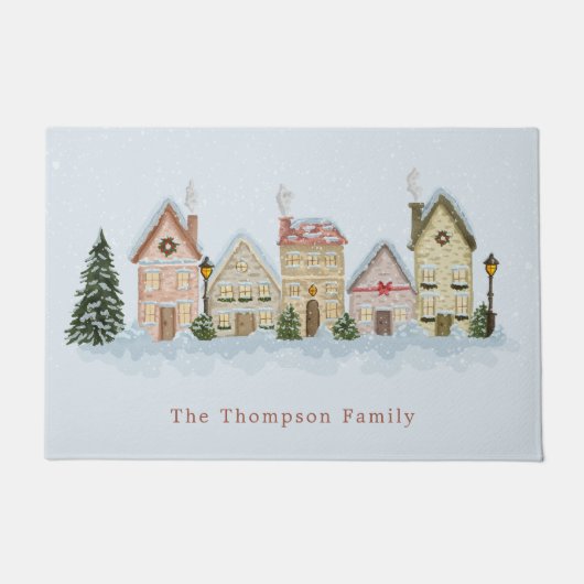 Watercolor Winter Christmas Village Family Name Deurmat (Voorkant)