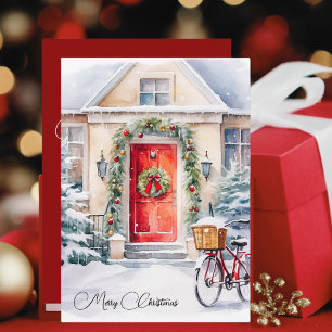 Watercolor Winter Cottage Rode Deur Prettig Kerstm Feestdagenkaart