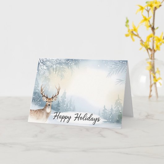Watercolor Winter Deer Happy Holidays Card Kaart (Gele Bloem)