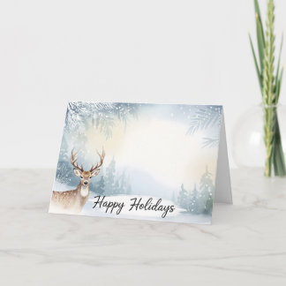 Watercolor Winter Deer Happy Holidays Card Kaart