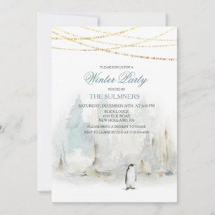 Watercolor Winter Feestje Penguin Uitnodiging