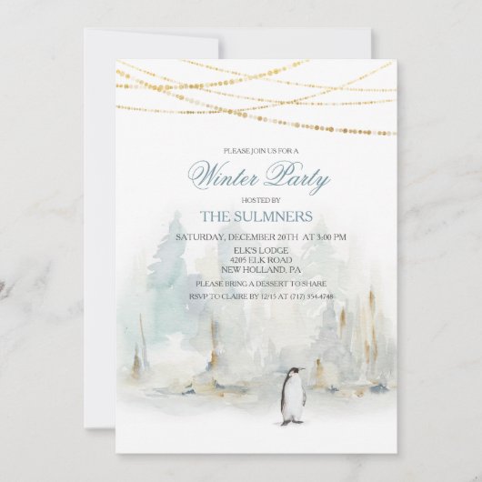 Watercolor Winter Feestje Penguin Uitnodiging (Voorkant)