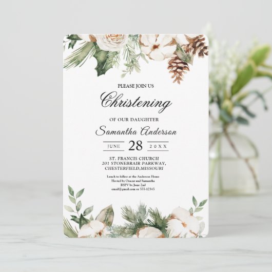 Watercolor Winter Groene Dennenboom & Witte Bloeme Kaart (Staand voorkant)