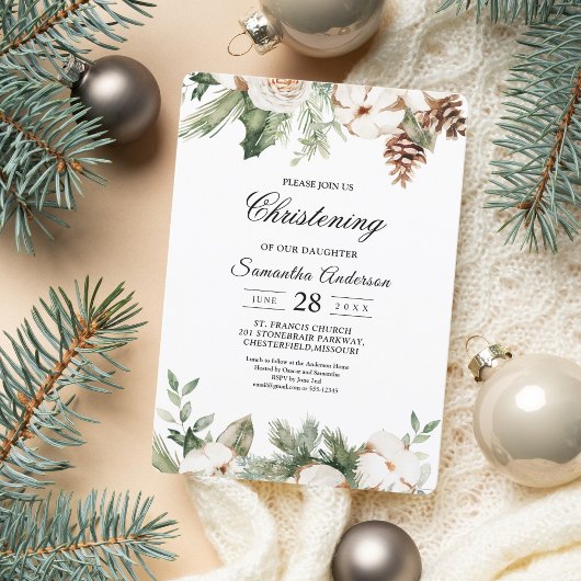 Watercolor Winter Groene Dennenboom & Witte Bloeme Kaart