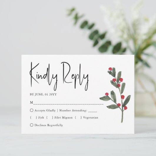 Watercolor Winter Kerstmis Loof Huwelijk RSVP Kaartje (Staand voorkant)