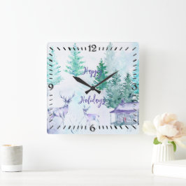 Watercolor Winter Landscape Happy Holidays Vierkante Klok