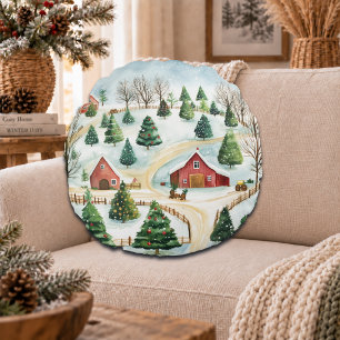 Watercolor Winter Landschap met Stevige Bomen Rond Kussen