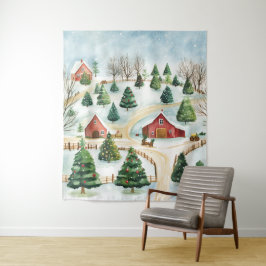 Watercolor Winter Landschap met Stevige Bomen  Wandkleed