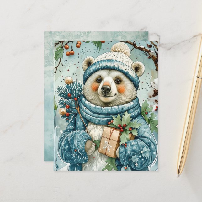 Watercolor Winter Polar Bear Scrapbook Paper (Voorkant / Achterkant in situ)
