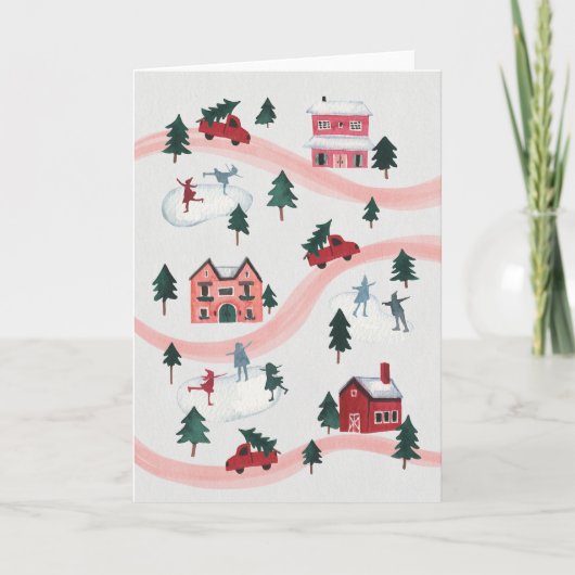Watercolor Winter Village Scene Holiday Card Kaart (Voorkant)