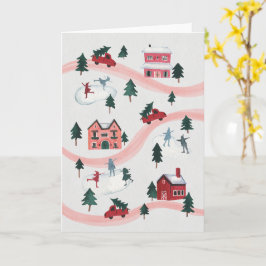 Watercolor Winter Village Scene Holiday Card Kaart