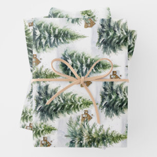 Watercolor Winterbos Groen Dennenboom I Blokhut Inpakpapier Vel