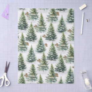 Watercolor Winterbos Groen Dennenboom I Blokhut Tissuepapier