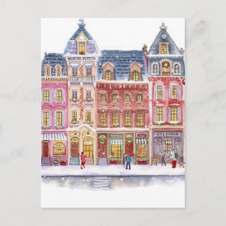 Watercolor Winterdorp Kerststad Feestdagenkaart
